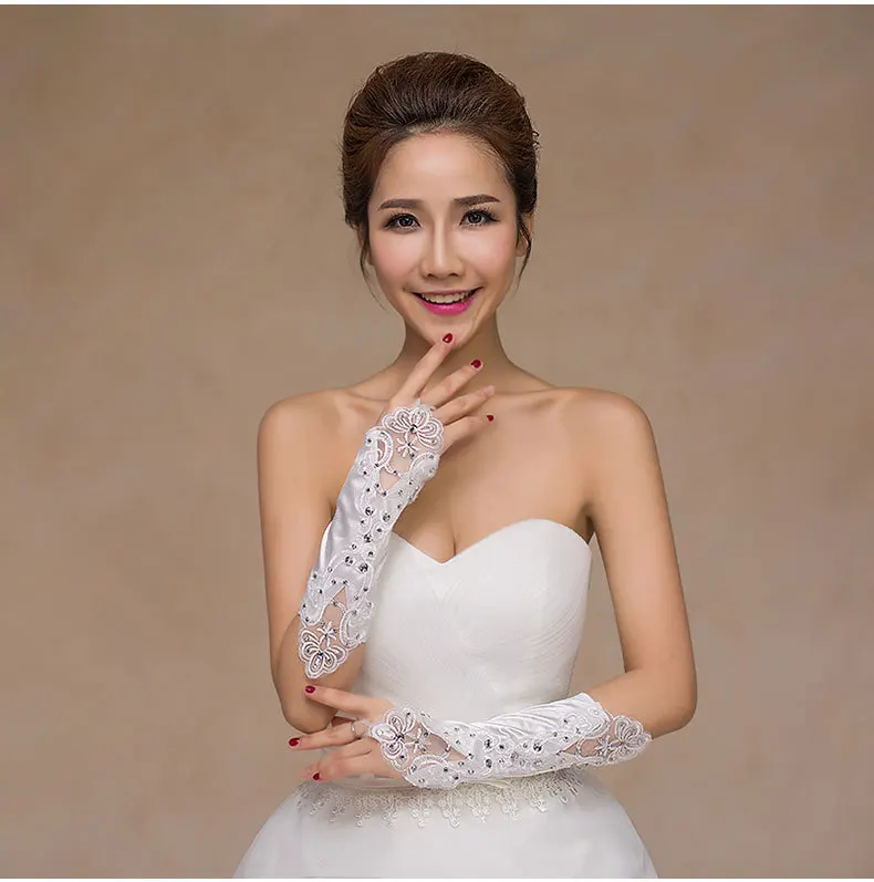 Elegant White  Ivory Bridal Party Gloves for Wedding Prom One Size Fashion  Fingerless  Opera Women Appliques  Gloves with Beads