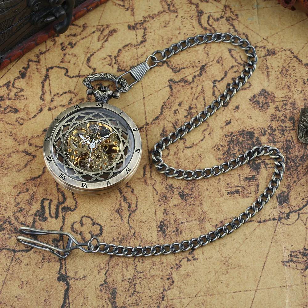Transparent Bronze/Black Skeleton Manual Mechanical Pocket Watches with Hanging Chain Hand Winding Pendant Pocket Timepiece