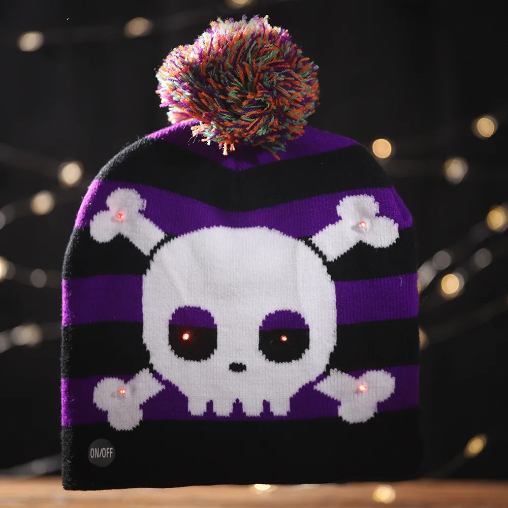 Halloween\'s new light-emitting knitted hat, skull, ghost, lamp cap, children\'s adult hat party supplies