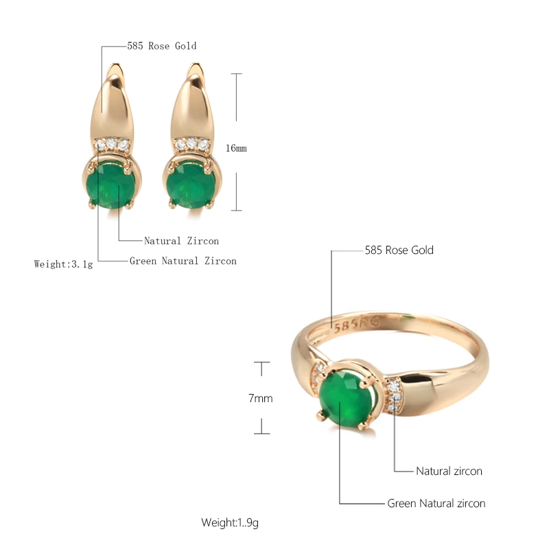 Kinel New Emerald Round Cut Natural Zircon Earrings Ring Sets for Women 585 Rose Gold Clip Earring Party Fashion Jewelry Sets
