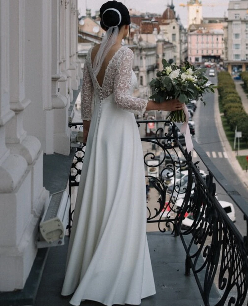 Vestido de noiva o-neck e laço, manga longa, comprimento até o chão, boho, praia, sem costas, vestido de casamento