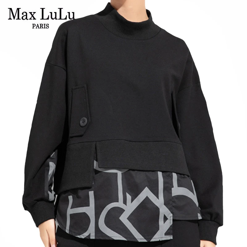 Max LuLu 2022 European Fashion Tops Womens Black Tee Shirts Ladies Luxury Vintage Printed Loose Tshirts Turtleneck Warm Clothes