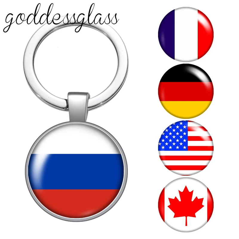 National flag Флаг России Drapeau France Canada glass cabochon keychain Bag Car key chain Ring Holder Charms keychains for Gifts