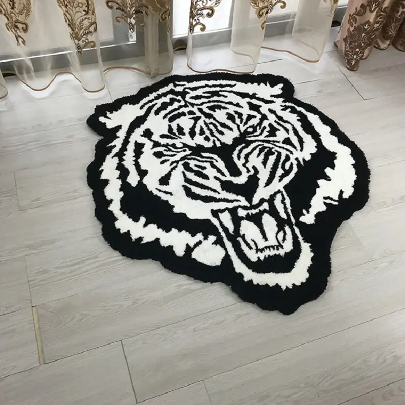 Tufted Plush Tiger Head Rugs Art Flocking Carpet Non-slip Absorbent Bath Toilet Door Mat Home Living Room Decor Rug 100x90cm