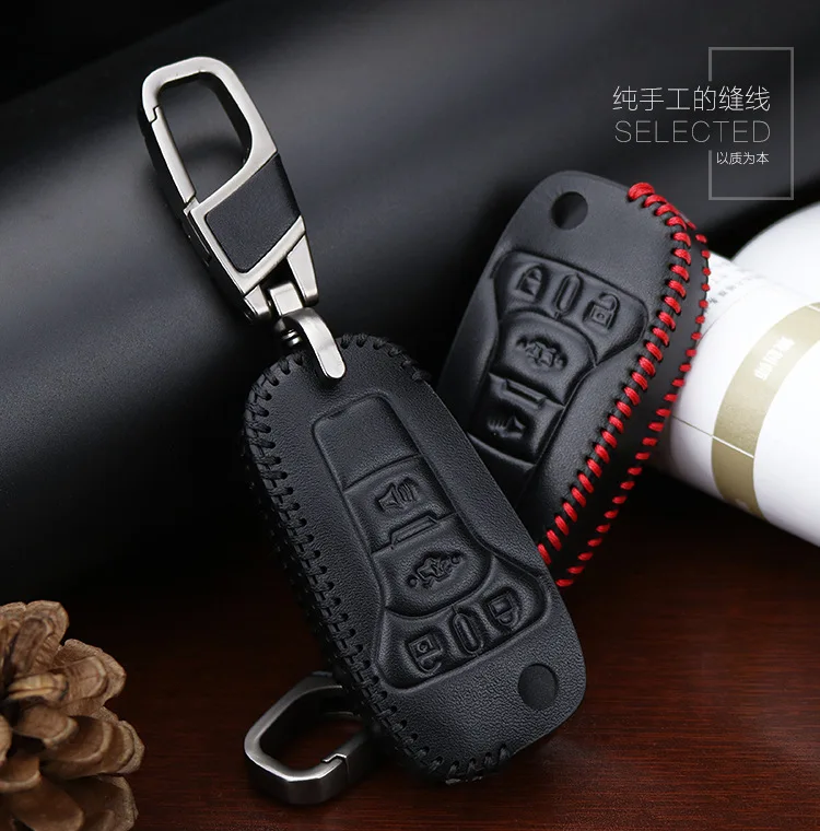 Leather Car Key Case For Ford Fusion 2013-2016 4 Buttons Folding Remote Fob Cover Keychain Holder Protector Bag Auto Accessories