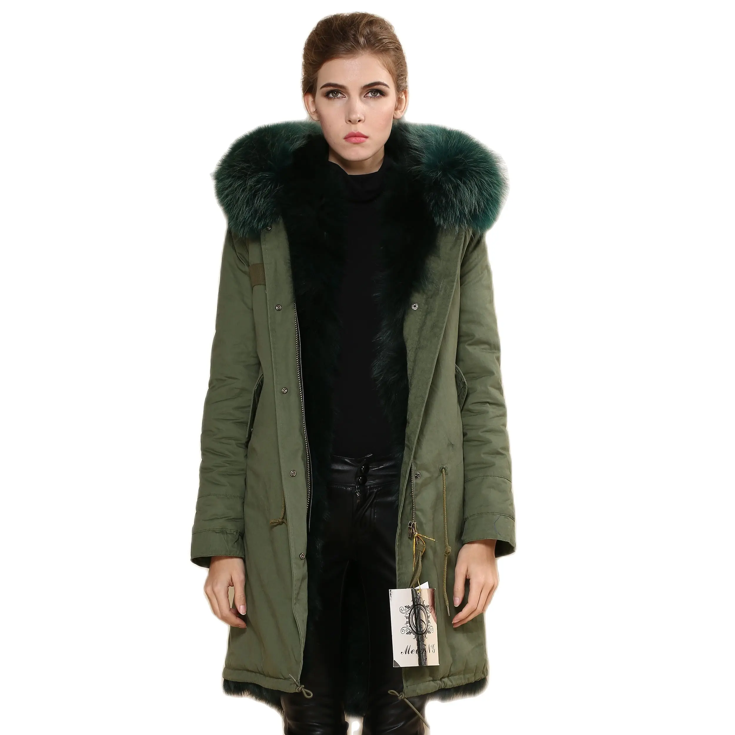 

Winter Ladies Europe Cotton Parka With Real Fur Warm Green Fishtail Parka Jacket