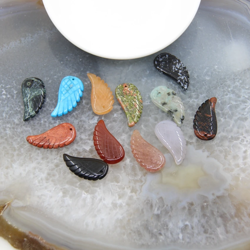 5pcs,15x30mm Natural Gems stone Carve Angel Wing Pendants,Carved Obsidian Agates Jaspers Crystal Charms Necklace Jewelry Making