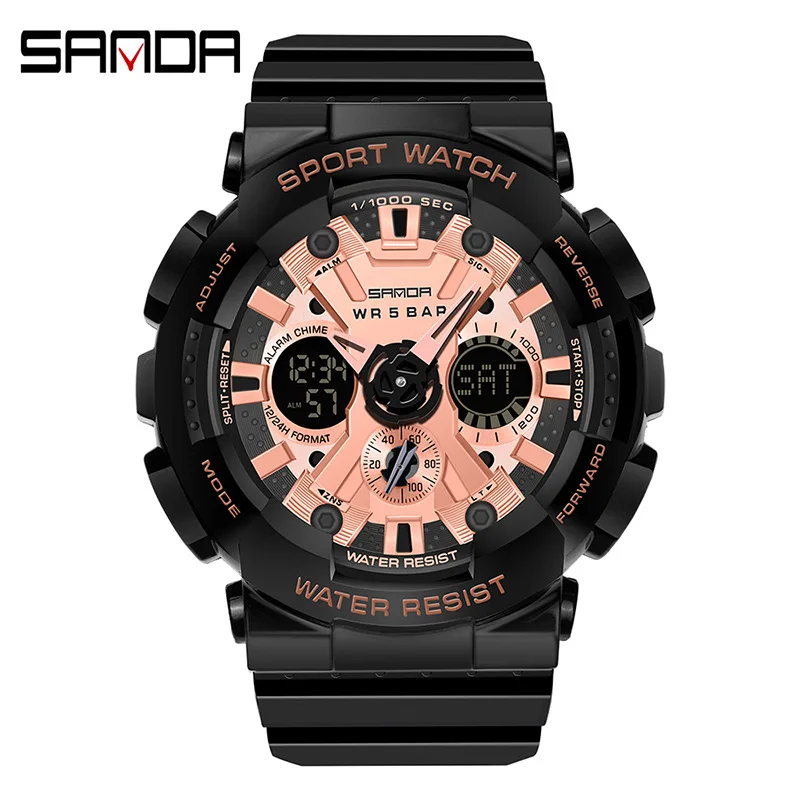 SANDA New Trend Pointer Digital Dual Display Multi-Function Sports Waterproof Men\'s and Women\'s Style Electronic Watch