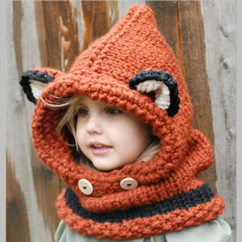 Winter Kids Fox Ears Handmade Beanie Hat Scarf Sets for 1~10 Year Old Children Girls Scarves Free Shipping