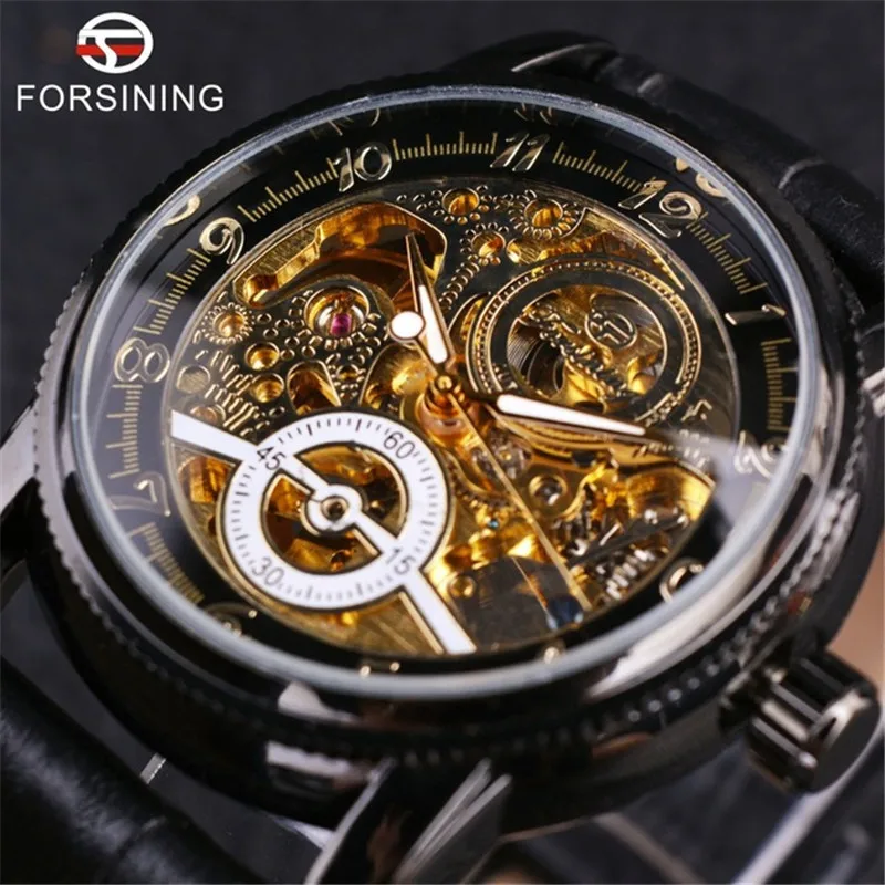 Luxury Winner Brand Golden Case Casual Design Brown Leather Strap Mens Watches Hollow Out Mechanical Skeleton Transparent Watch