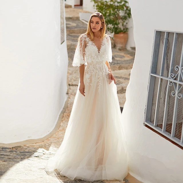 Boho short sleeve wedding dress hotsell