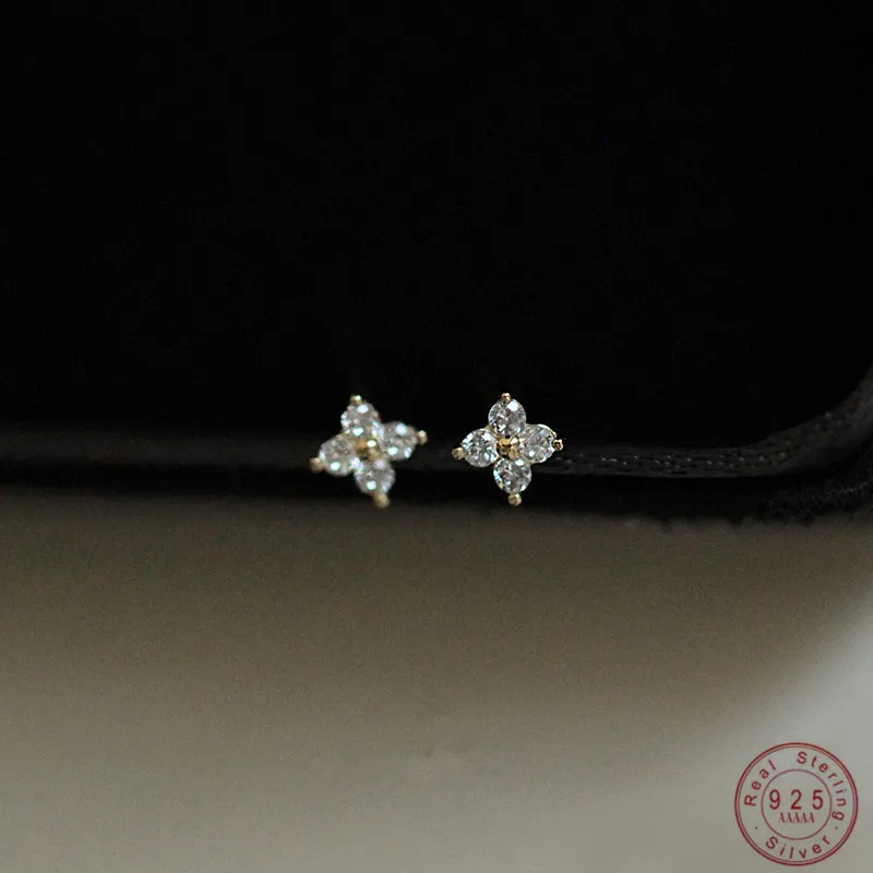 MOVESKI Real 925 Sterling Silver Zircon Small Flowers Stud 14K Gold Earrings For Fashion Women Cute Fine Jewelry Drop Shipping