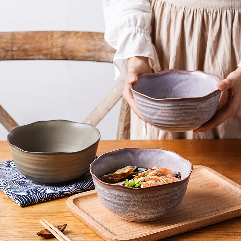LingAo-Japanese Ceramic Kiln, Glaze Lotus Ink, Ramen Bowl, Large Salad Bowl