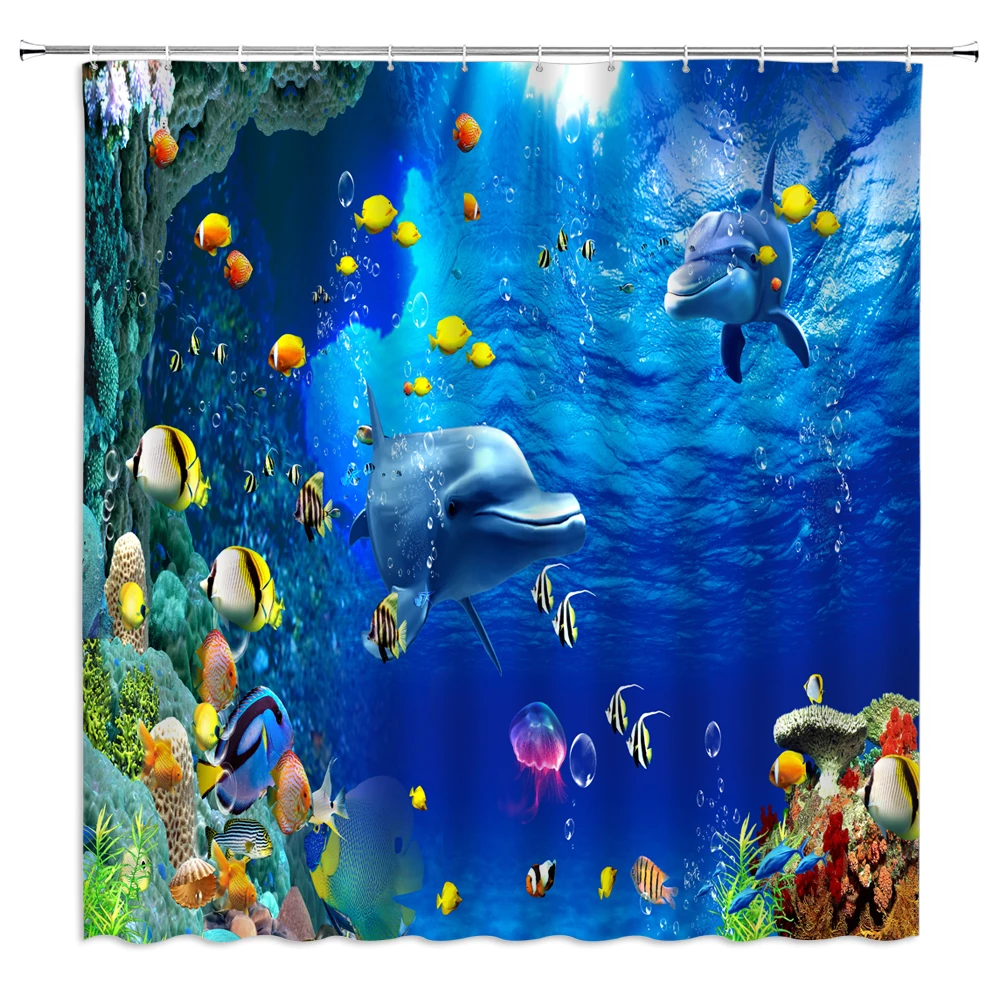 Beach Ocean Shell Waterproof Shower Curtains Sea Scenery Bath Curtains Bathroom Home Washable Fabric Bath Screen With 12 Hooks