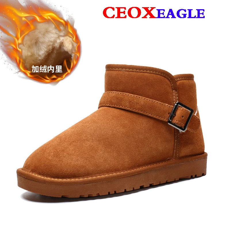 Genuine Leather Snow Boots Women Winter Warm Fur Ladies buckle Platform Wedge Fashion Men's Ankle Boot Female Casual Shoes 35-47