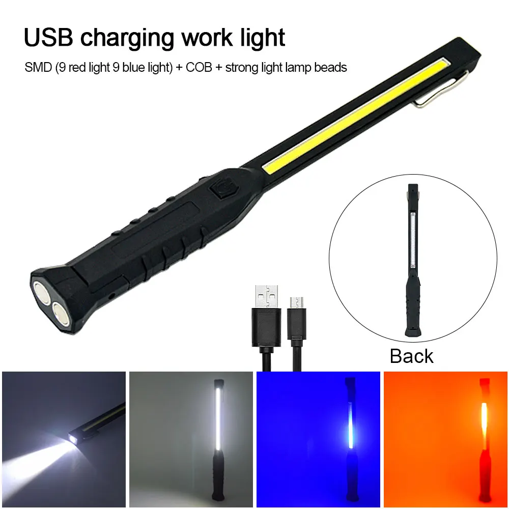 

Multifunctional USB COB Work Light Red+Blue Flashing Magnetic Inspection Lamp Emergency Camping Light Maintenance with Hook