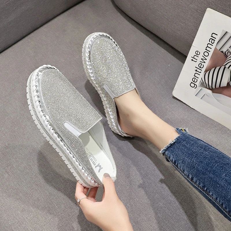 LazySeal kryształy płaski obcas kapcie kobiety lato muły plaża Rhinestone buty klapki kryształy slajdy duży rozmiar 43