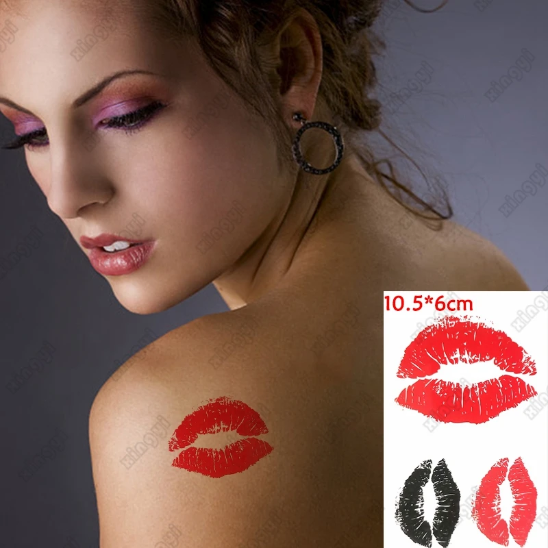 Waterproof Temporary Tattoo Sticker Red Sexy Lips Kiss Flash Tatoo Love Heart on Wrist Leg Fake Tatto for Body Art Women Men