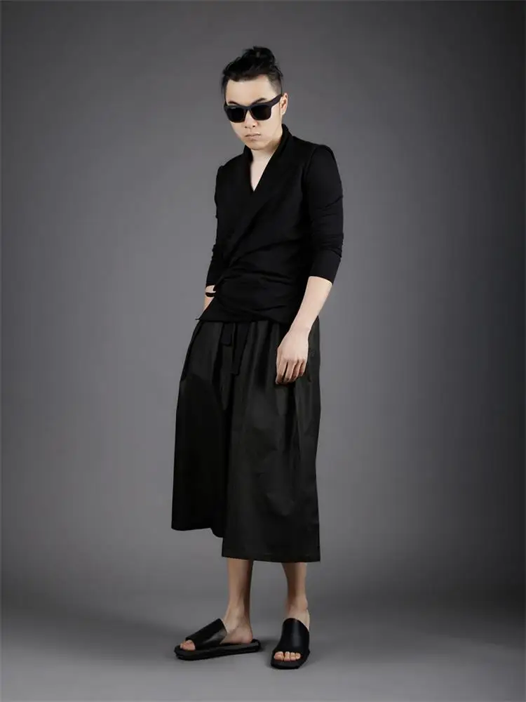 Men's new summer fashion trend personality culodresses loose and tight waist, harlan plus size bell-bottom cropped trousers