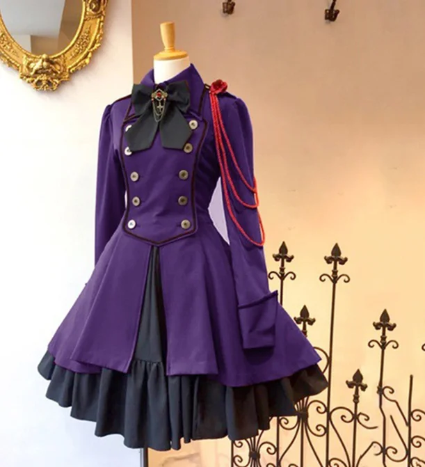 2022 Vintage Gothic Lolita OP Ruffle Bow Tie ปุ่มลูกไม้ขึ้นเข่าความยาวชุดแขนยาวหวาน