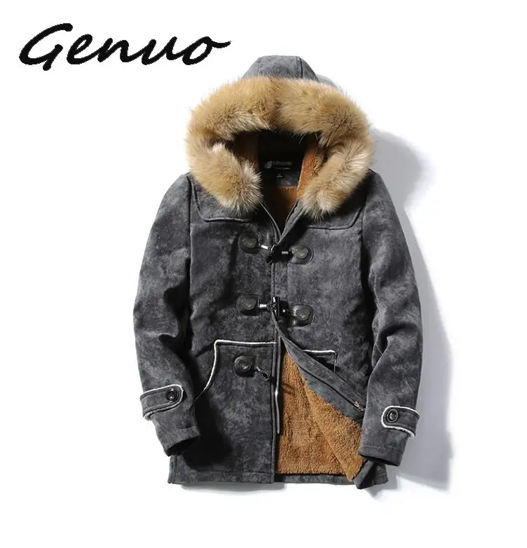 Winter Fleece Military Jackets Men Faux Fur Hooded Windproof Outwear Parka Men Horns Buckle Thick Windbreaker Coat Overcoat