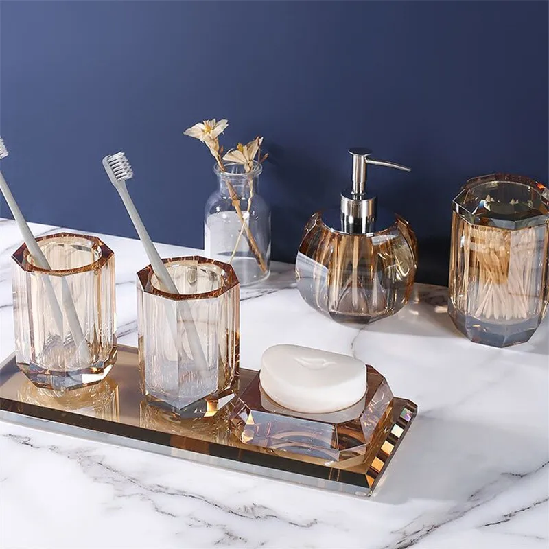 Bathroom Accessories Set Crystal Glass Soap Dispenser & Dish Gargle Cup Cotton Swab Box Tray Wedding Gifts Birthady Presents