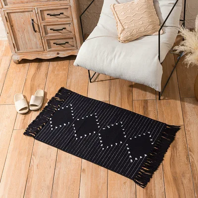 Nordic katoenen linnen bloem gesneden tapijt, grote print kwastje mat, slaapkamer nachtkastje bedmat, woonkamer, wit en zwart