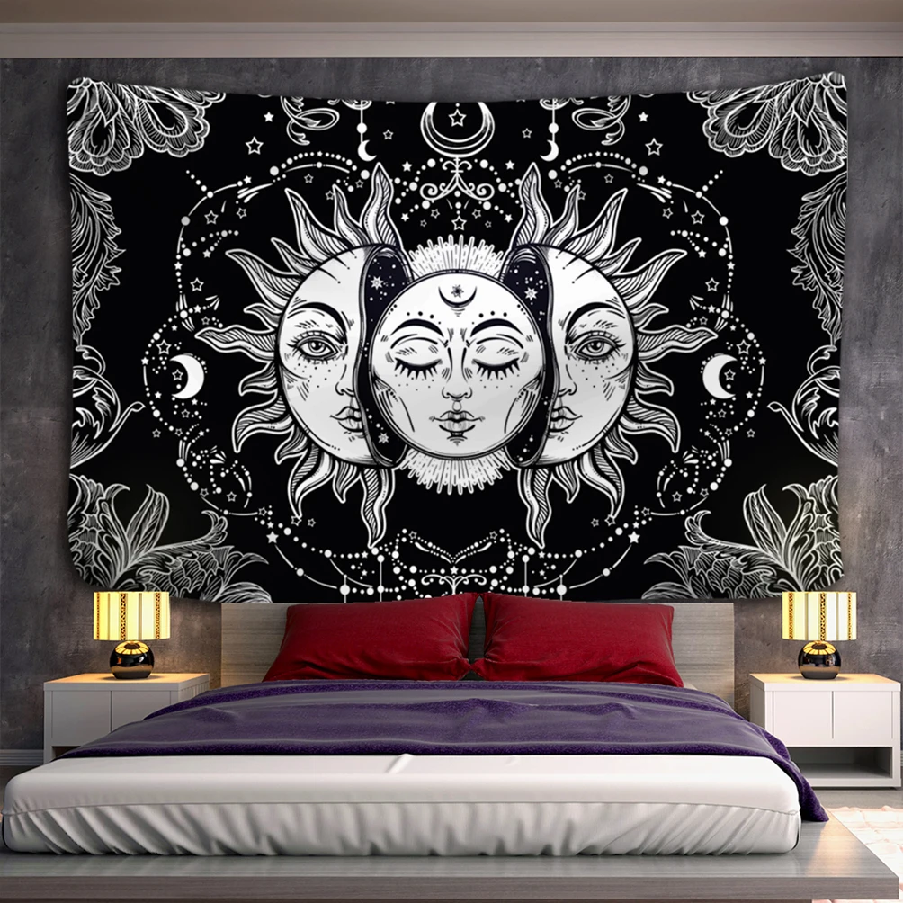 Mandala Gobelin Biały Czarny Słońce I Księżyc Gobelin Ściana Wiszący Tarot Hippie Dywaniki Ścienne Dorm Decor Blanket