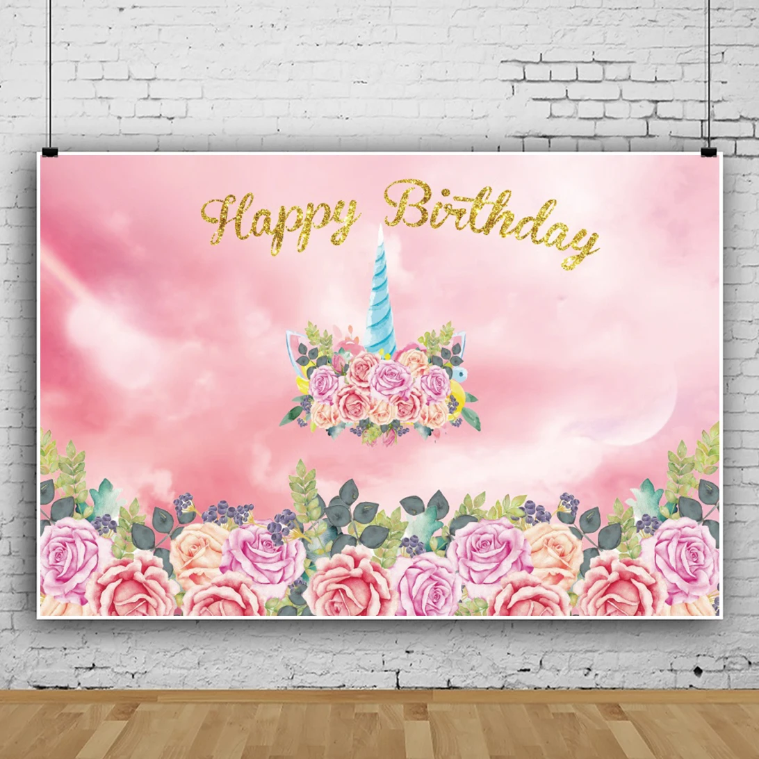 Laeacco Unicorn Gold Glitters Letter Happy Birthday Party Flower Photography Backdrop Customized Poster Pattern Photo Background