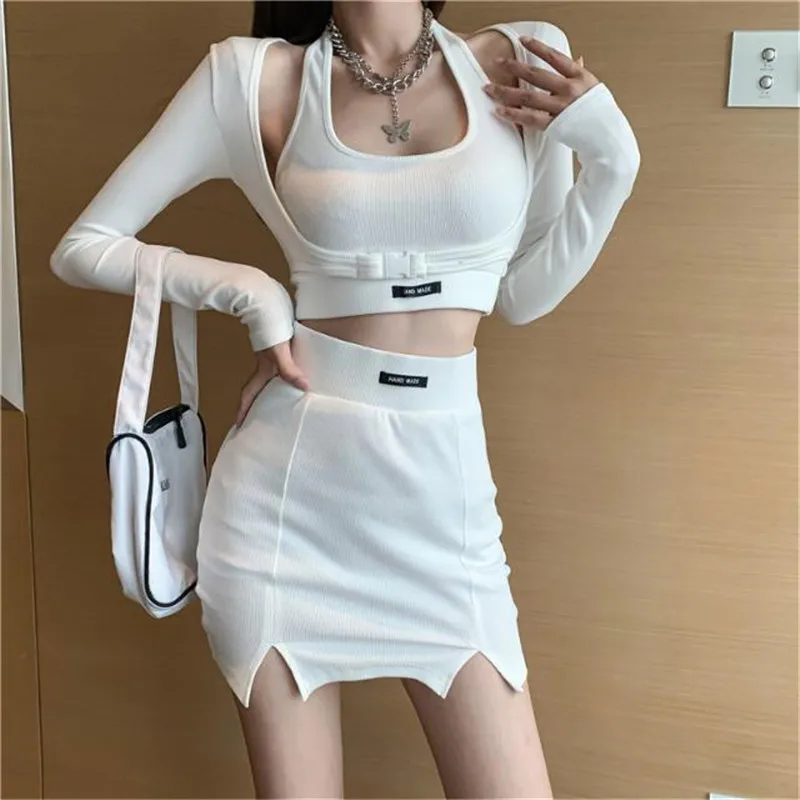 3 Pieces Sets Women Casual Sportswear 2024 New Sexy Sweet Halterneck Tank+Long Sleeve Crop Tops And Tight Slitp Mini Skirts Set