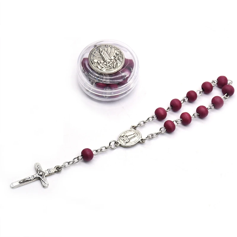 QIGO Red Wood Beads Strand Cross Rosary Bracelet With Box Church Religious Jewelry Gifts