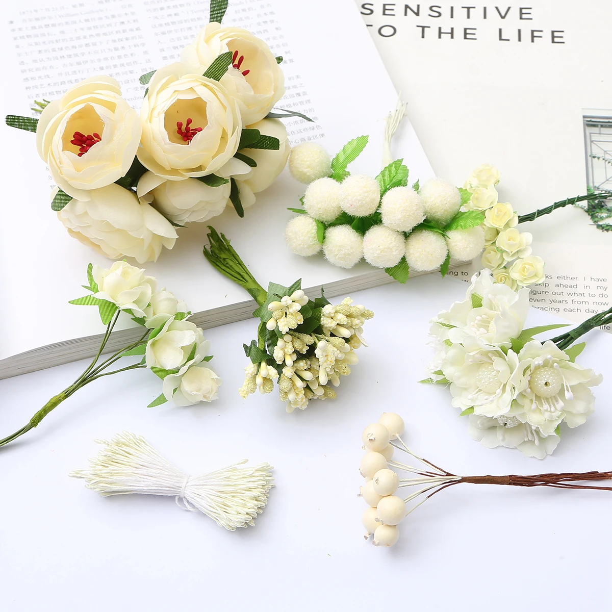 6/10/12/50/70/90/144pcs Mixed Ivory Flower Cherry Stamen Berries Bundle DIY Christmas Wedding Cake Gift Box Wreaths Decor