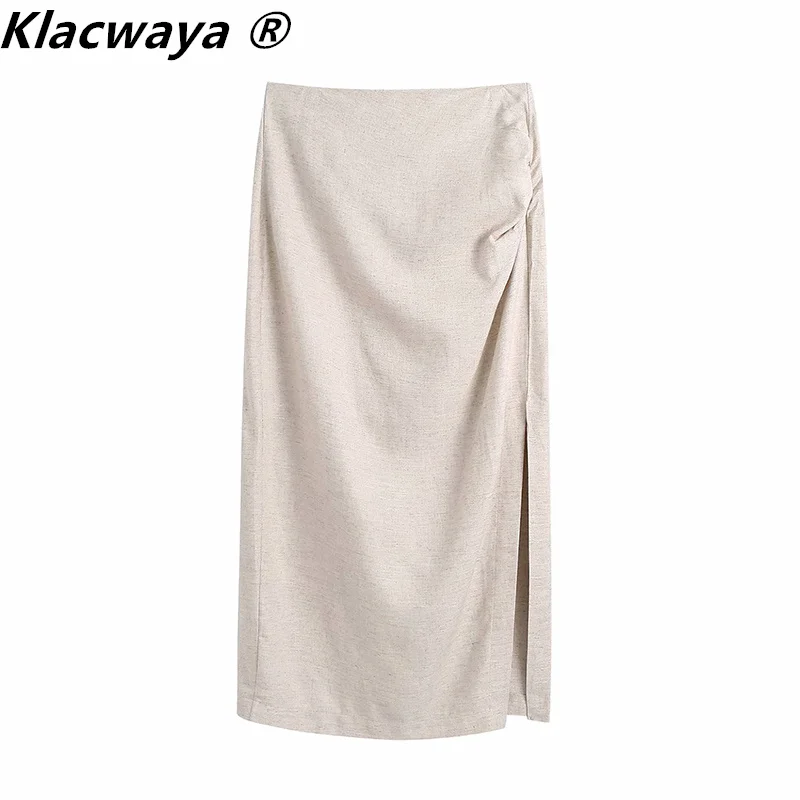 Klacwaya Za Women 2021 High Waist Back Zipper Long Skirts Woman Summer Pleated Split Midi Skirt Ruched Elegant Skirts