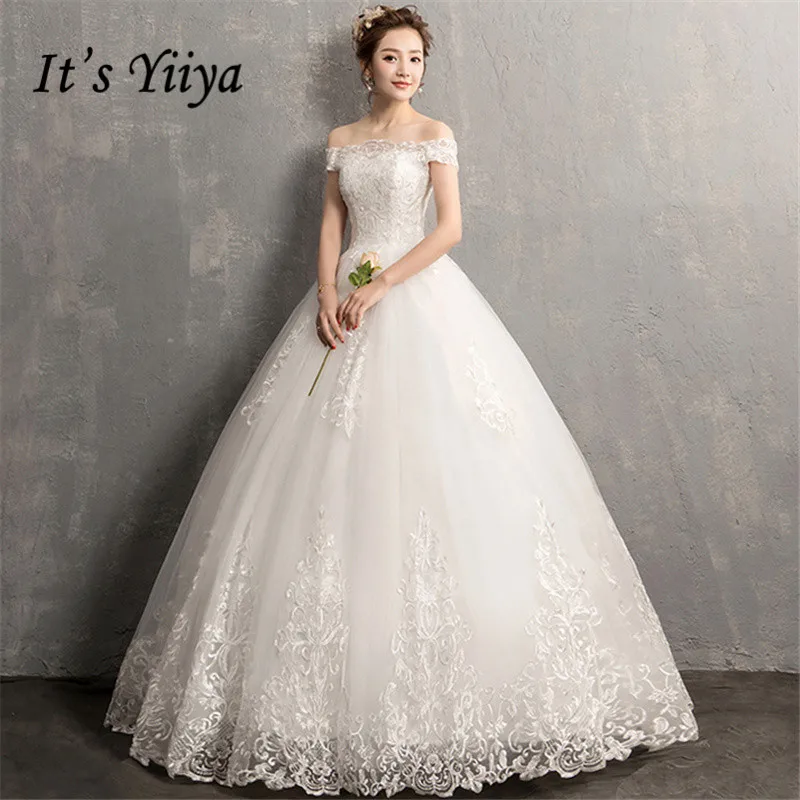 It's YiiYa Wedding Dresses 2019 Simple Boat Neck Embroidery Lace Up Floor-length Elegant Bridal Gowns De Novia Casamento AL012