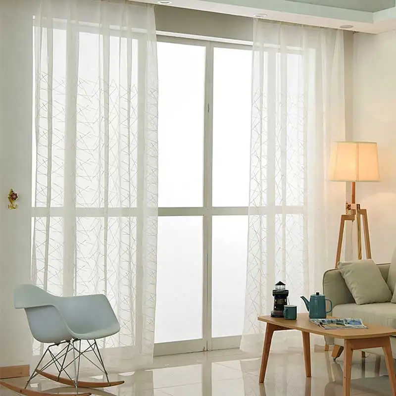 White Embroidery Tulle Window Curtains for Living room Geometry Sheer Curtains for Bedroom Voile Curtain Drapes Blind Finished