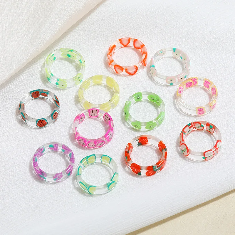 New Resin Plastic Ring Thick Ring Colorful Transparent Fruit Rings Strawberry Lemon Watermelon Stackable Finger Rings for Women