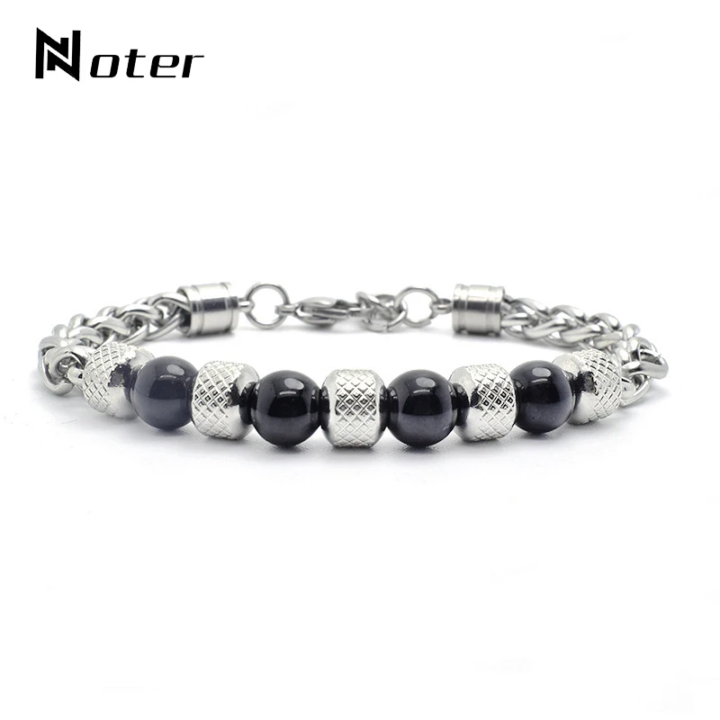 New Arrival Mens Chain Bracelet Titanium Steel Adjustable Metal Braslet Natural Obsidian Tiger eye Brazalete For Hombre Stone