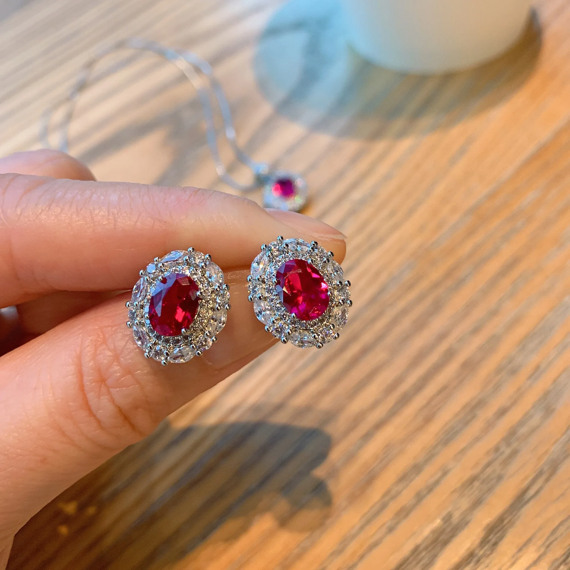 

Pigeon Blood Red Oval Ruby Halo Stud Earrings necklace CZ Elegant Bridal Wedding Fine Jewelry for Women Classic Design