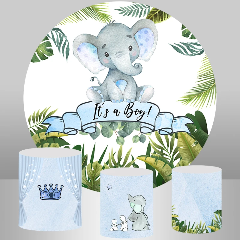 

InMemory Cartoon Cute Bear Round Circle Backdrops Leaf Crown It's A Boy Baby Shower Photography Background Elastic Table Cover