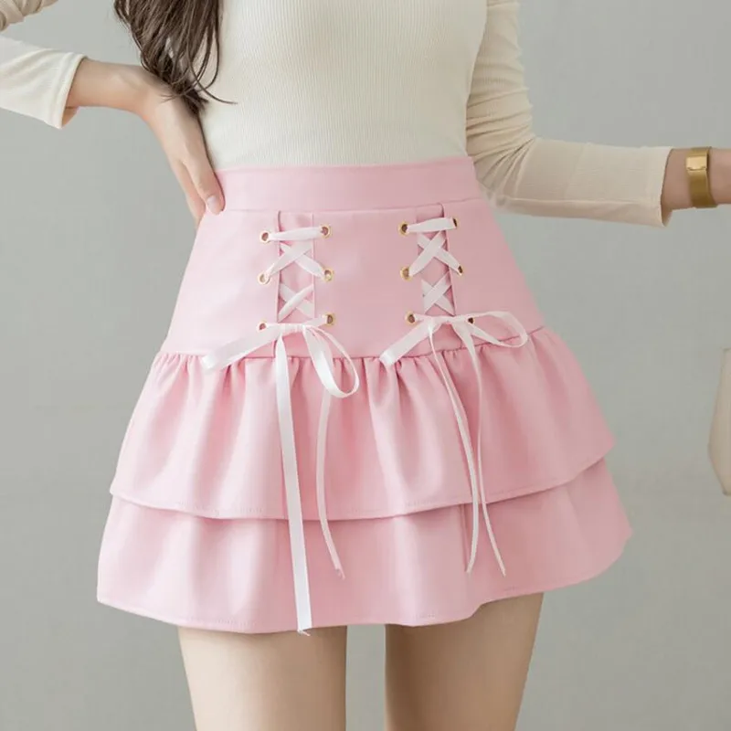 

Sexy Sweet High Waist Layered Puffy PU Leather Skirts Women 2021 Autumn Winter Fashion Pink Folds Kawaii Mini Skirt Faldas s1535