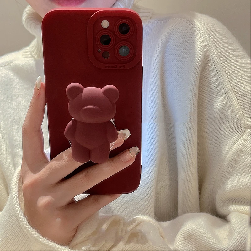 Korea Cute 3D Cartoon Bear Ring Holder Stand Soft Case For iPhone 14 13 12 Pro Max 11 X XR XS 7 8 Plus SE 3 Silicone Back Cover