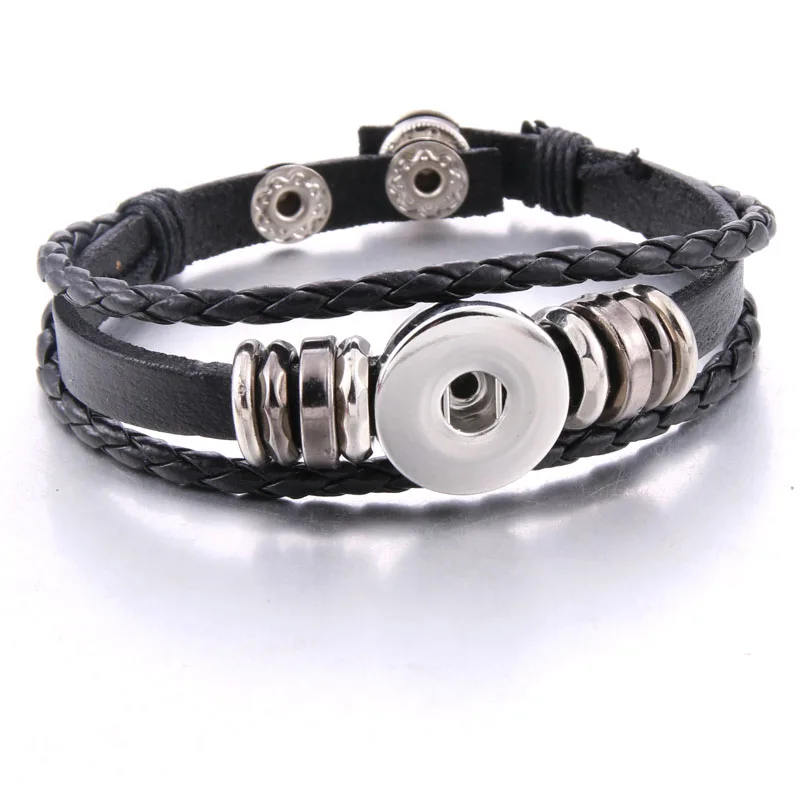 2020 New Snap Button Jewelry Vintage Beaded Black Leather Snap Bracelet Fit 18mm Snap Buttons Bohemia Magnetic Leather Bracelets