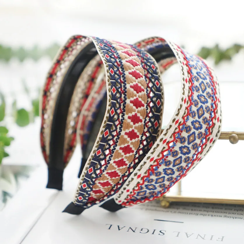 Haft etniczny Retro czeski pleciony Hairband kobiety dziewczyny opaski do włosów z pałąkiem na głowę włosy koreańskie Scrunchy antypoślizgowy stroik