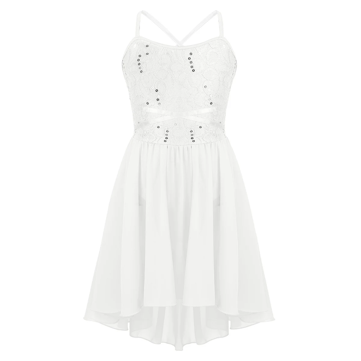 Vestido de balé feminino com lantejoulas e renda, vestido collant de bainha alta e baixa de chiffon traje de dança lírica moderna, vestido de dança contemporâneo