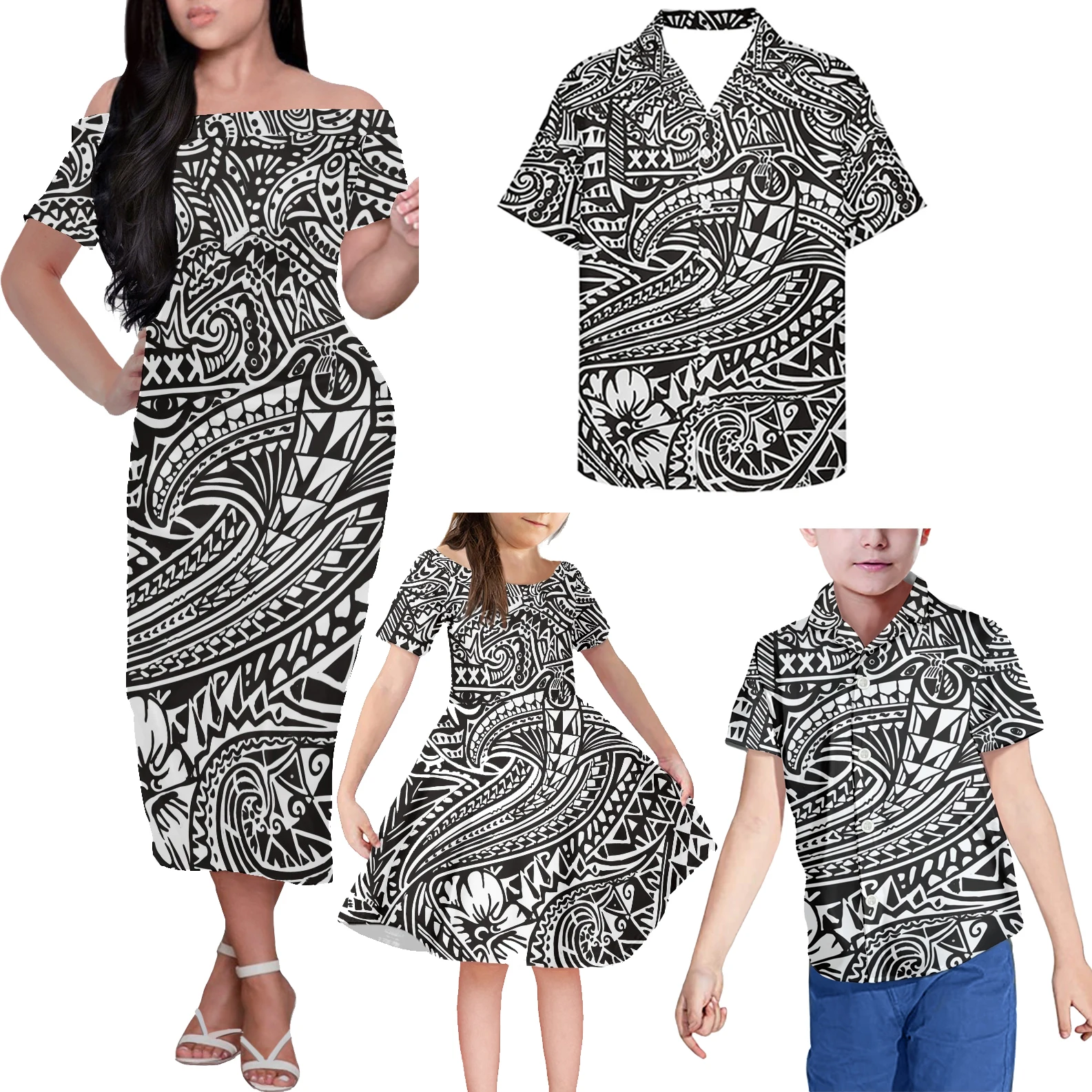 HYCOOL Polynesian Hibiscus Print Green 4pcs Family Clothing Sets Off Shoulder Dress Mother And Daughter Custom Logo Kid Costume