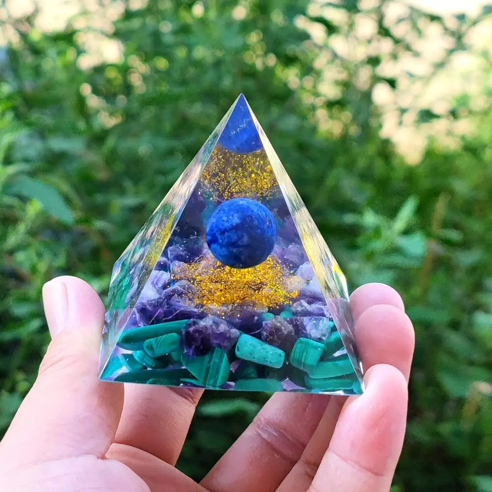 60mm Handmade Orgone Pyramid Natural Stone Malachite Lapis Lazuli Purple Crystal Healing Reiki Chakra Orgonite