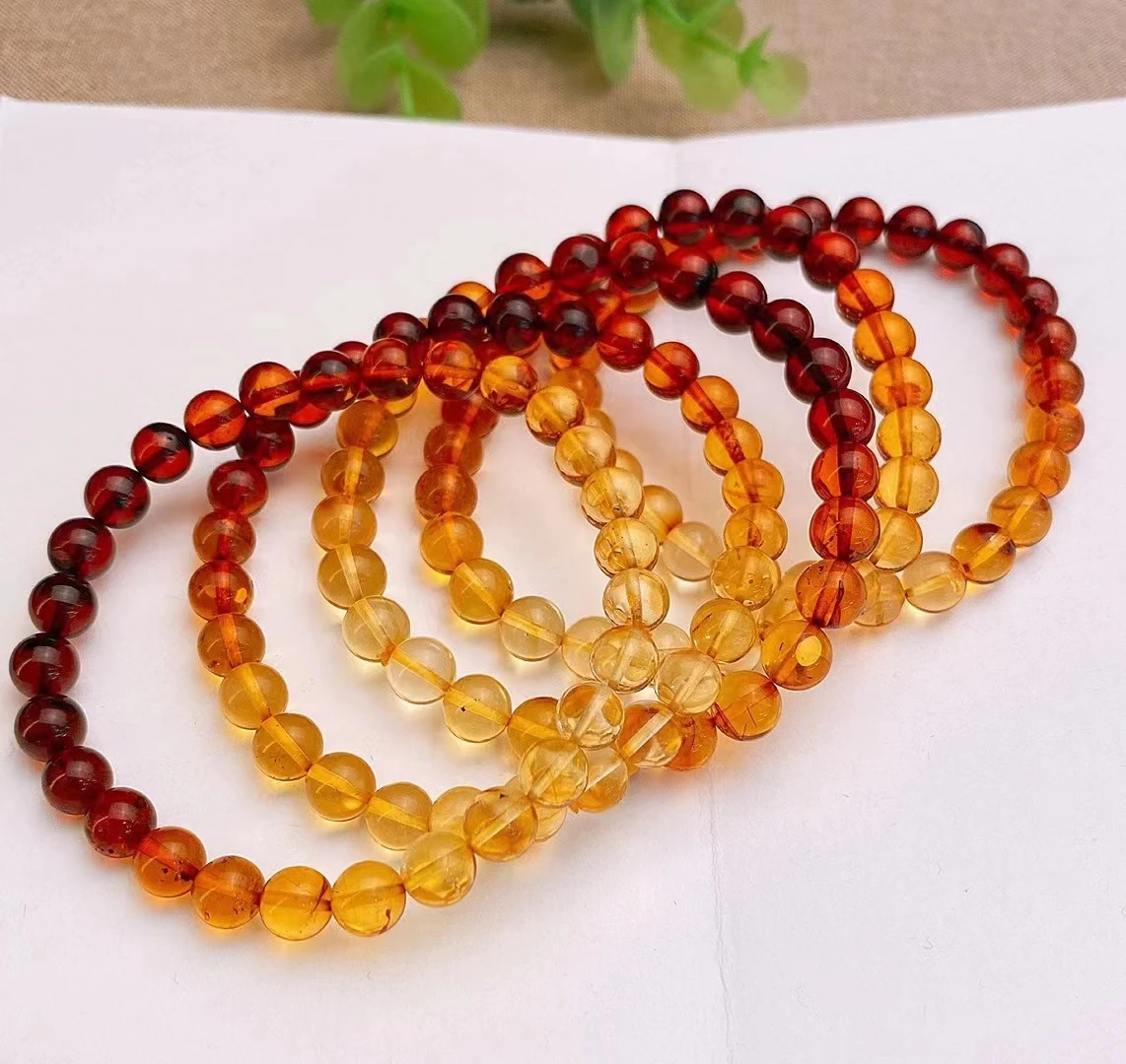 Natural Colorful Amber Round Beads Bracelet Yellow Red Amber Women Men Rainbow Amber Stretch Jewelry 6mm 7mm 8mm AAAAA