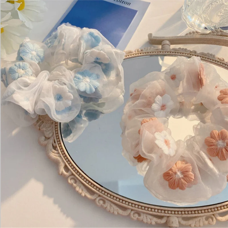 

Girls Sweet Embroided Elastic Hair Bands Summer Mesh Floral Hair Ropes Flower Scrunchies Fashion Photo Props for Children