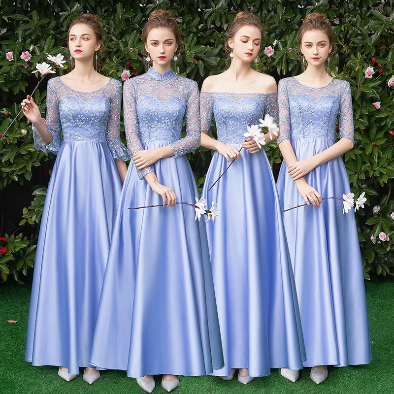 Mingli Tengda Bean Paste Lace Learn To Dress Scalloped Homecoming 8 Grade Junior High Graduation Dresses Long Blue Half Sleeve