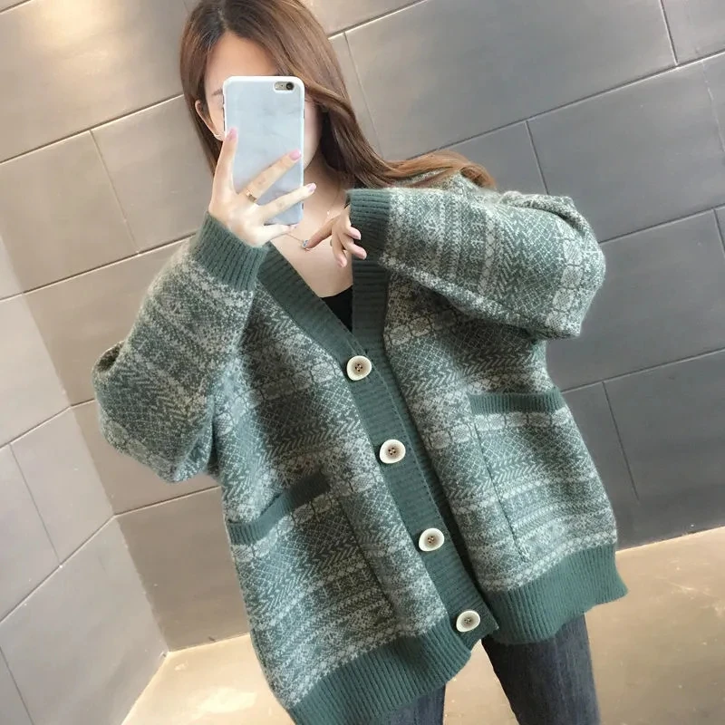 V Neck Long Sleeve Women Sweater Jacket Thick Warm Knitted Cardigan Lady Casual Vintage Single-Breasted Loose Korean Style Coat